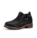 Women's low-heeled ankle boots with belt buckle, round toe, chunky heel, side zipper, in black synthetic PU leather