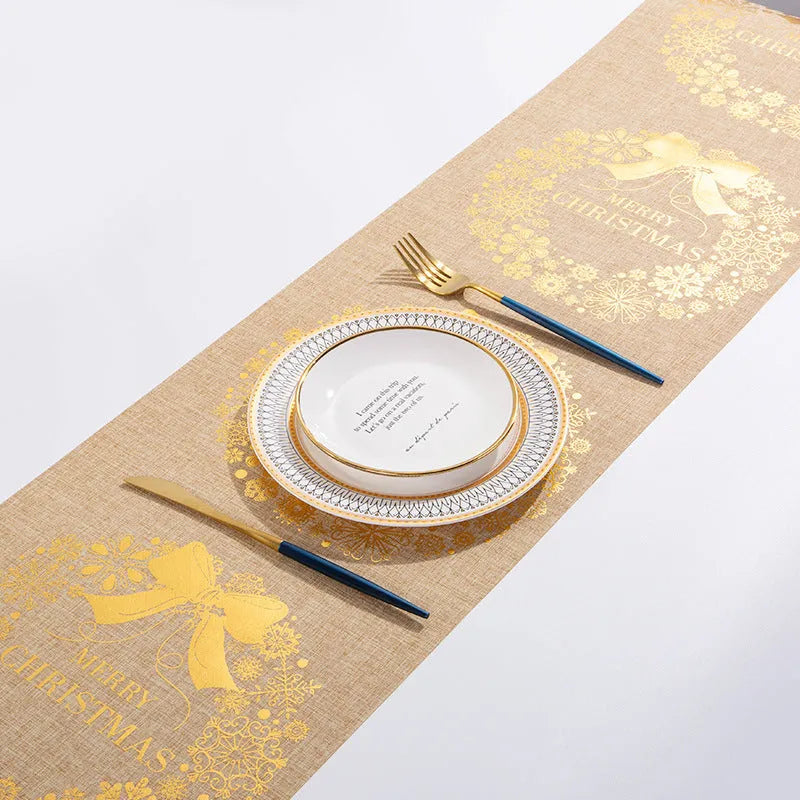 Christmas table runner with elk and snowman designs in cotton linen fabric