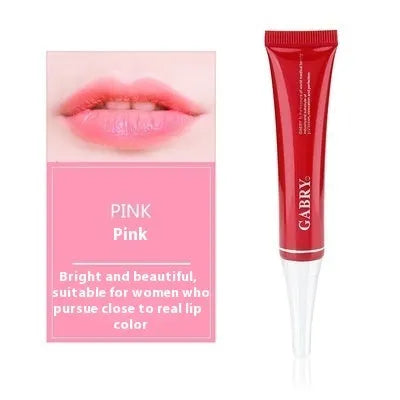 Vermilion lip gloss tube showing five colour options: pink, orange red, bright rose red, rose red, and seashell
