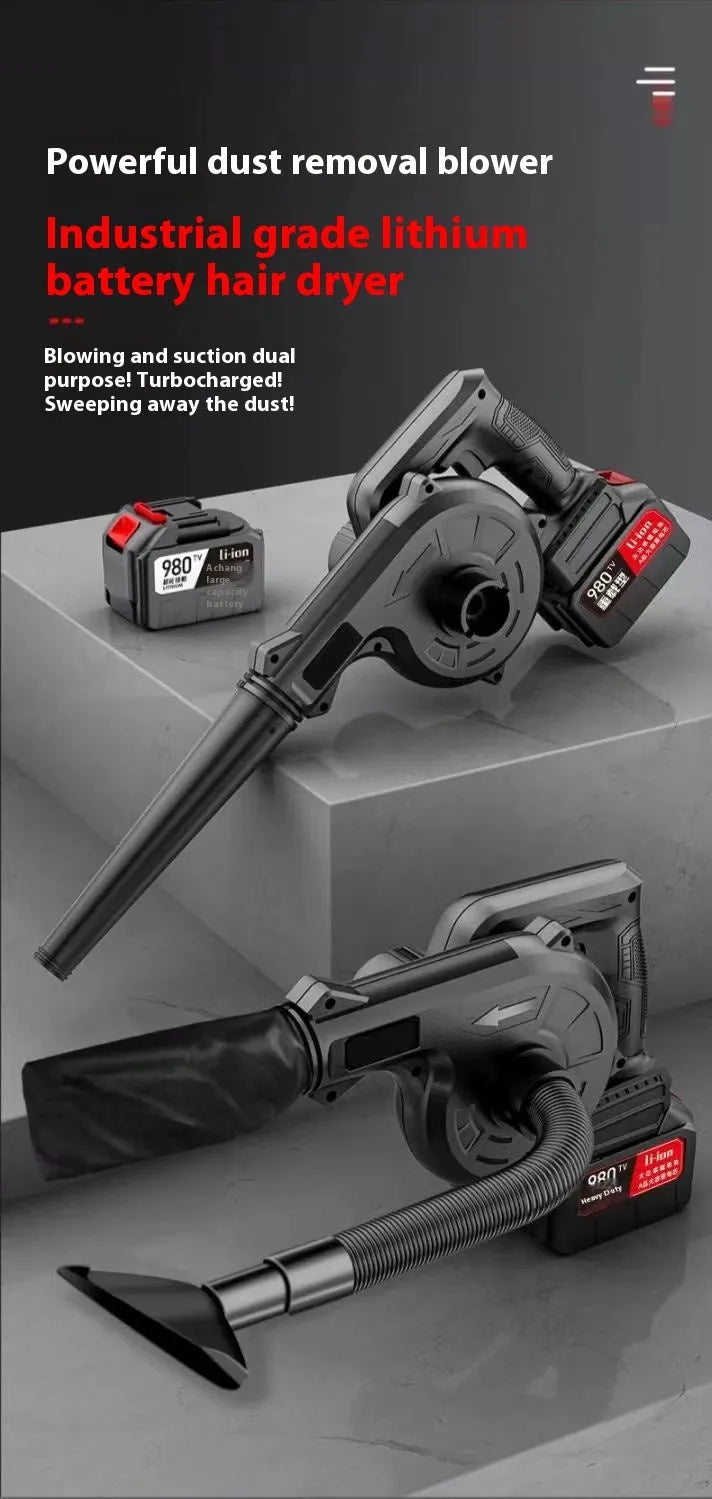 Blue Deluxe Edition lithium battery blower with two batteries and blowing nozzle