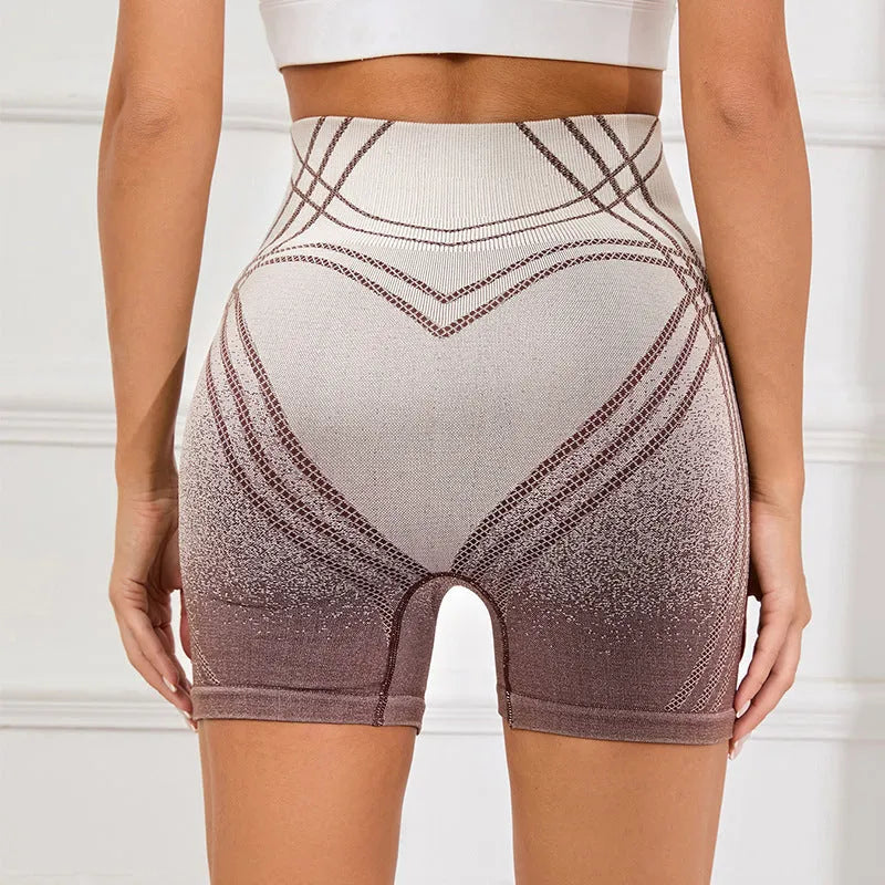 Women's high waisted gradient fitness shorts in brown and black colours for yoga and running