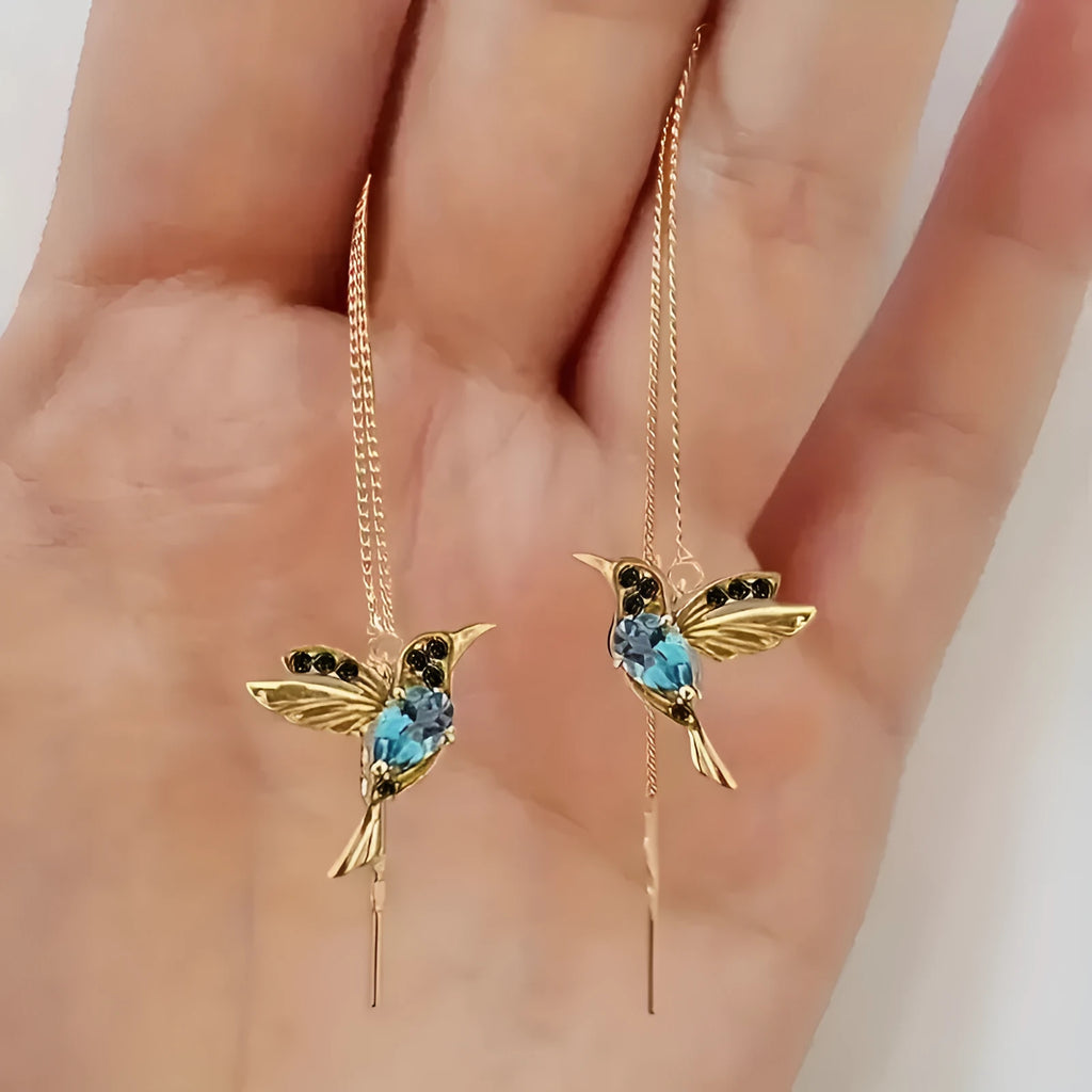 Long style bird hanging earrings with mixed zirconium wings, approximately 20-24cm length