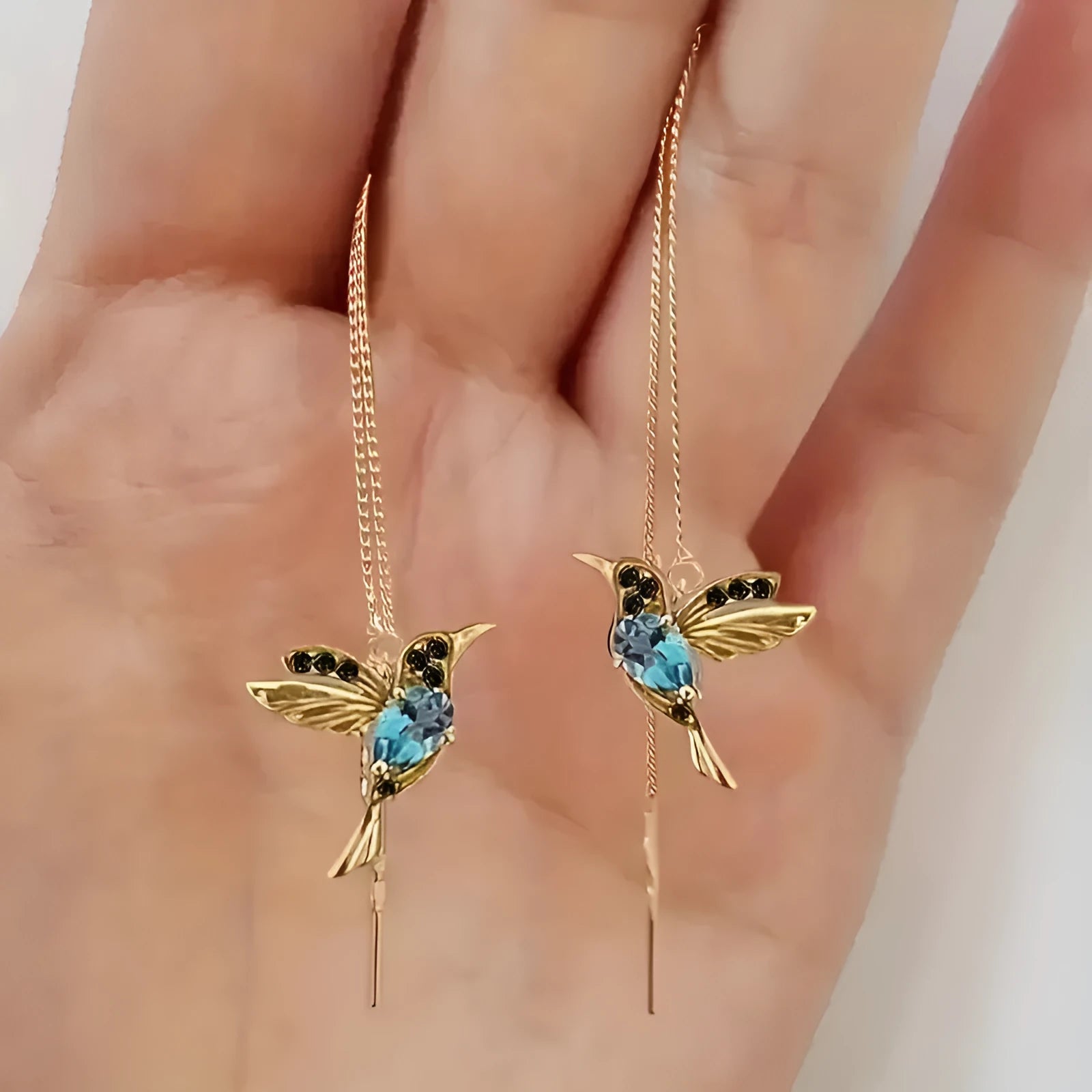 Long style bird hanging earrings with mixed zirconium wings, approximately 20-24cm length
