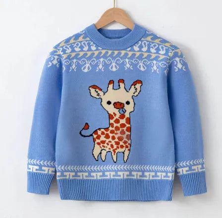 Baby knitted pullover sweater in sapphire blue with cartoon pattern long sleeves viscose fabric