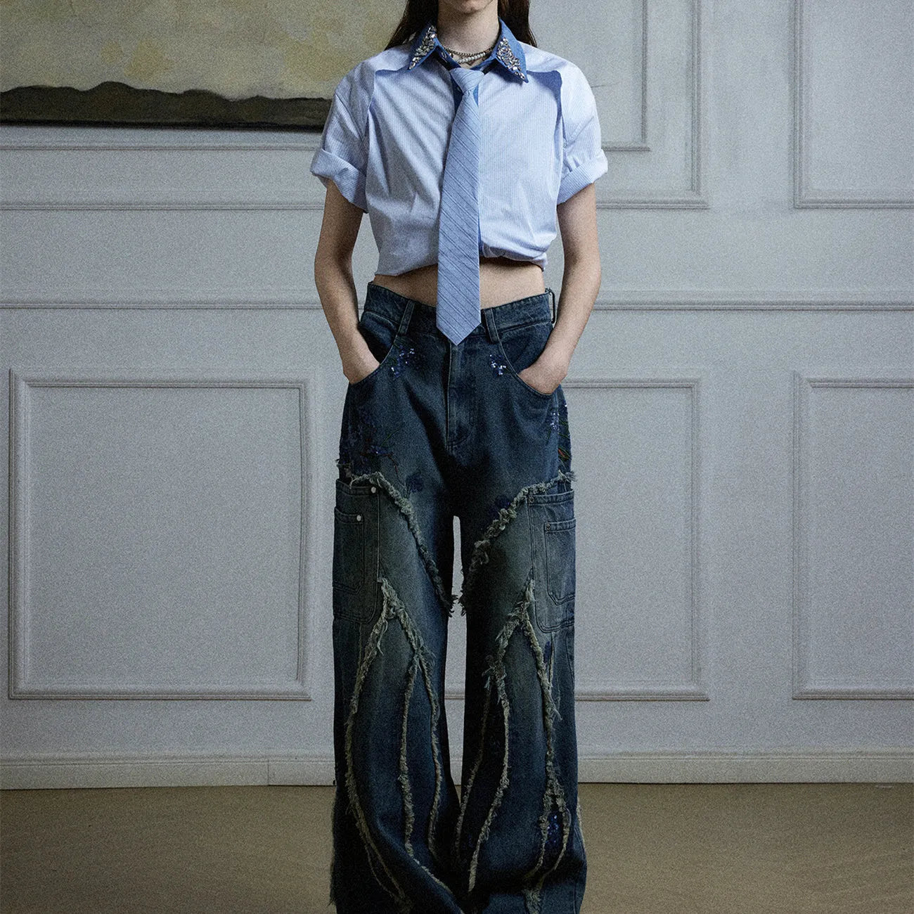 Men's blue and khaki loose fit shirt with diamond tie and patchwork striped pattern.