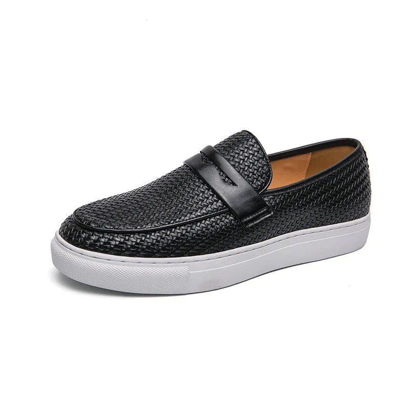 Korean style men's casual flat shoes brown artificial PU upper with sewing line detail