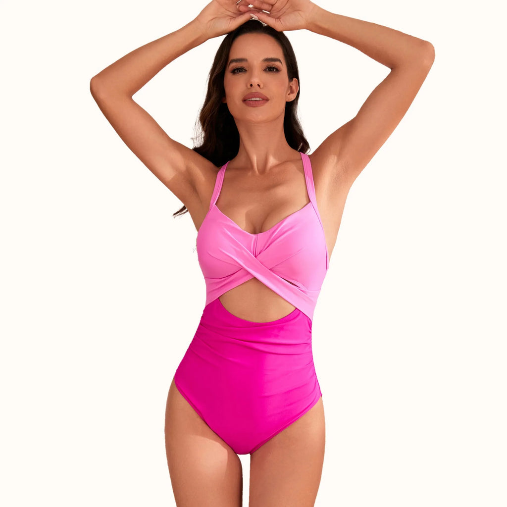 Women's high waist solid colour one-piece swimsuit in spandex with hollow design detail
