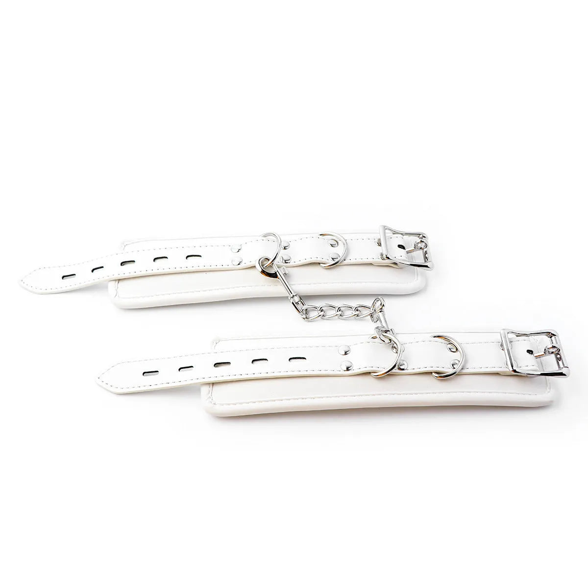White PU sponge bondage handcuffs and foot cuffs with metal buckles on a nylon strap.