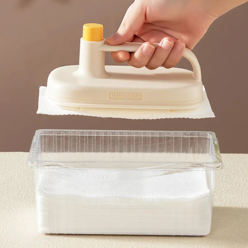 Magic Brush cleaning tool with disposable rag refills for multi-surface household cleaning