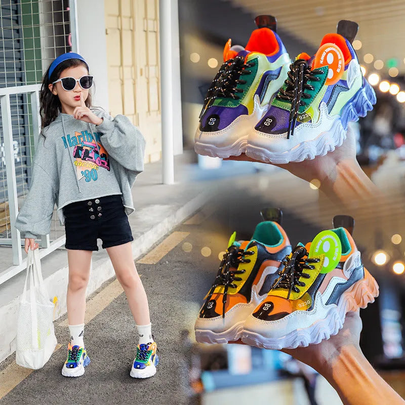 Children's colourblock wave bottom casual sneakers in blue and orange, PU upper, sizes 26 to 37