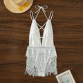 White deep V-neck one-piece swimsuit with tassel detail on a briefs style bottom