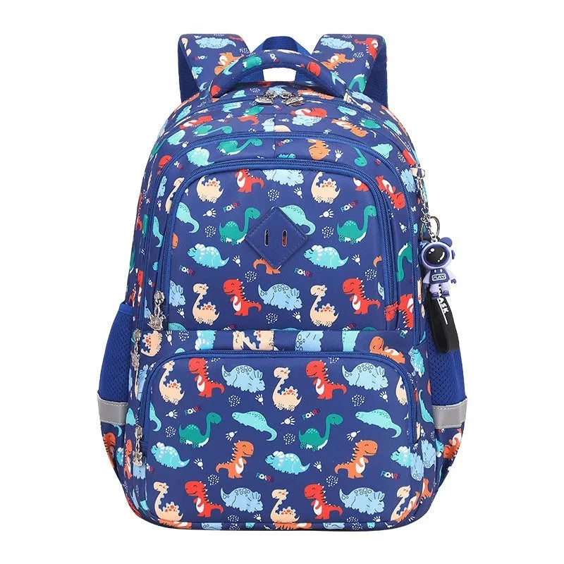 Blue children's waterproof school backpack with dinosaur pattern and curved shoulder straps.