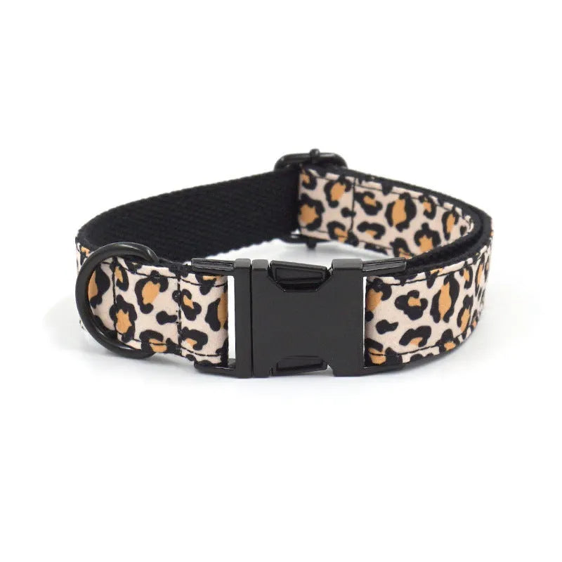 Brown leopard print dog collar and leash set with black buckle, shown in collar-only and collar-with-traction-rope options.