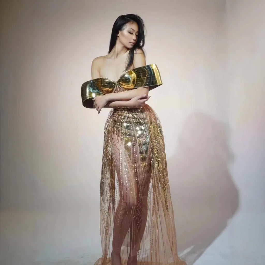 Gold strapless sequined evening dress with tulle skirt and side split detail for women's formal wear