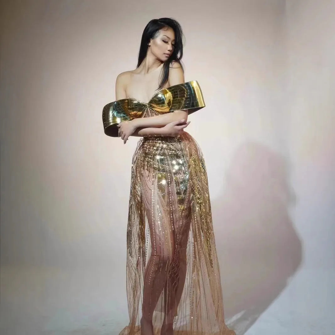 Gold strapless sequined evening dress with tulle skirt and side split detail for women's formal wear