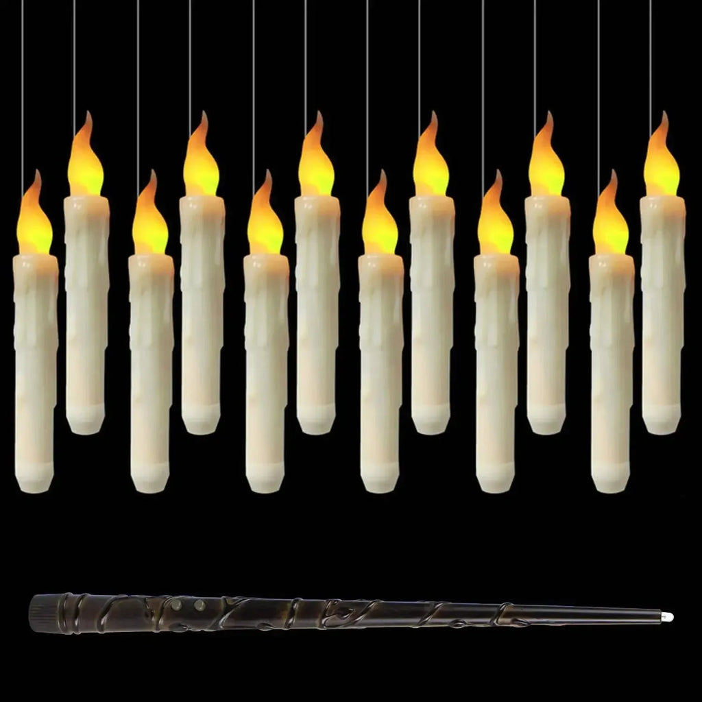 12 white floating LED candles with magic wand remote control and hanging hooks for Halloween decoration
