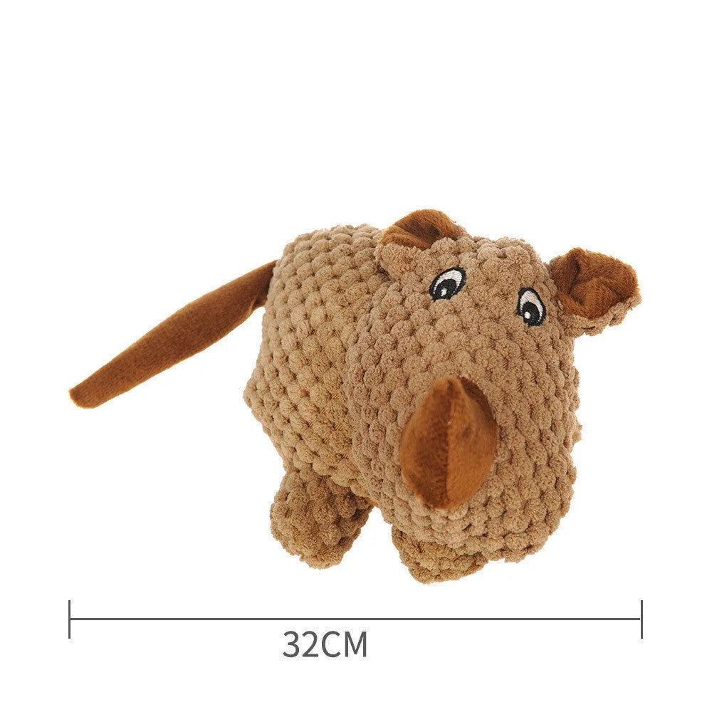 Bite-resistant pet vocal toy plush with squeaker in corduroy and cotton rope, available in Crooked Neck, Fawn, and Frog colours