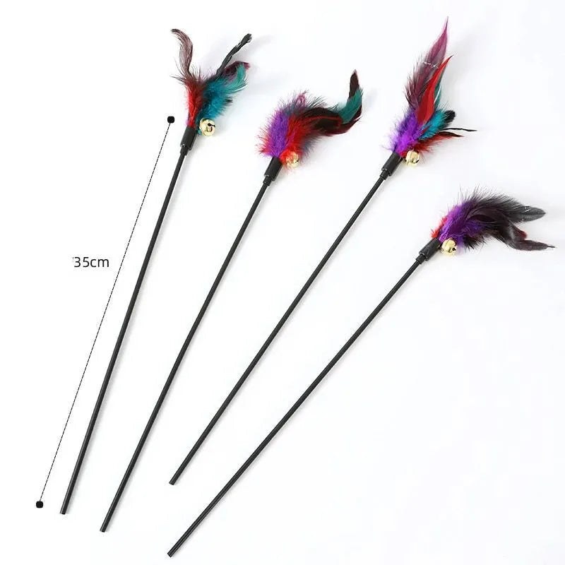Rainbow cat feather toy stick with plush feathers and bells on plastic handle 35cm long
