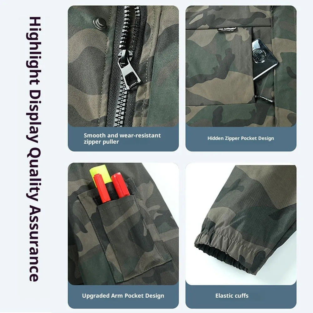 Men's camouflage outdoor casual jacket suit in green, long sleeves, synthetic fibre blend, coat and pants set