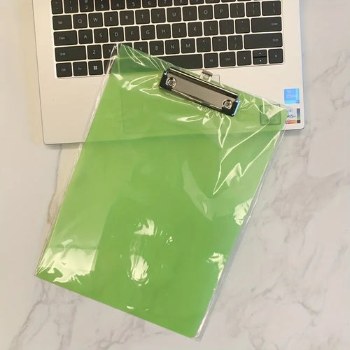 Transparent A4 writing board pad with metal clip holding paper, shown in blue colour option