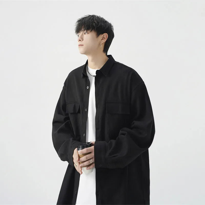 Men's loose casual work shirt jacket in black, long sleeve, regular thickness, synthetic fibre blend