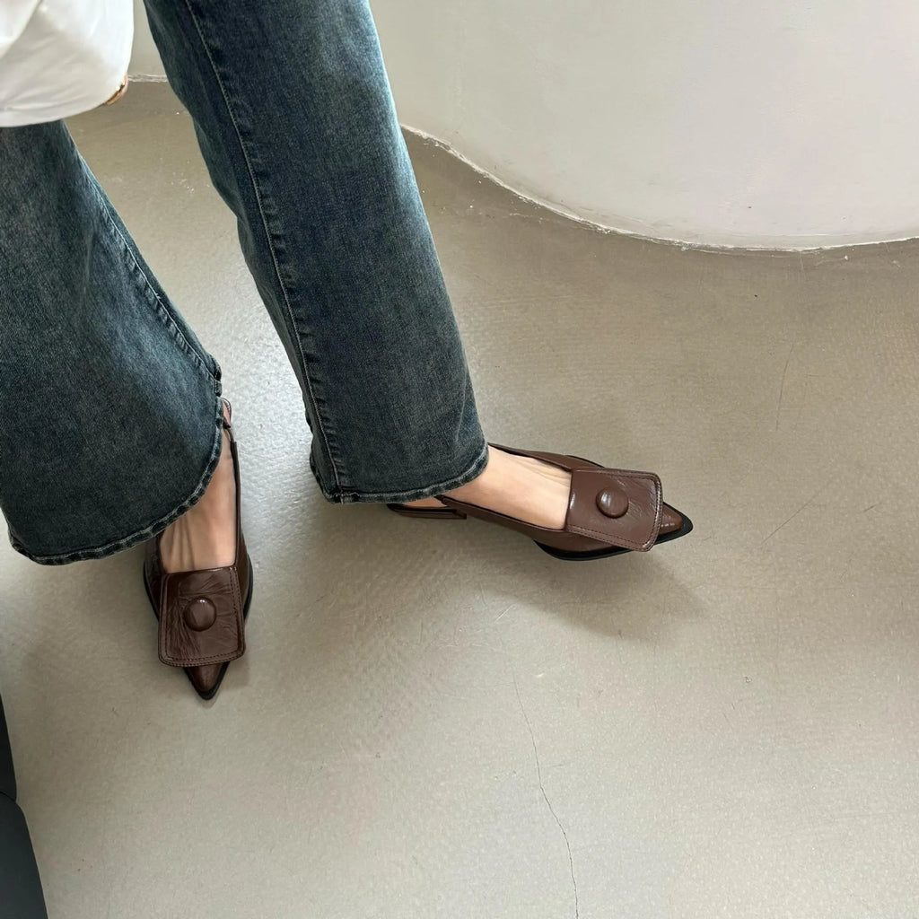 Women's low heel closed toe sandals with pointed toe and back strap in four colour options