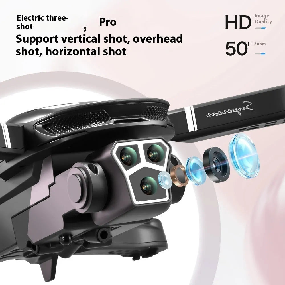 Black aerial photography drone with three cameras and HD remote control on display