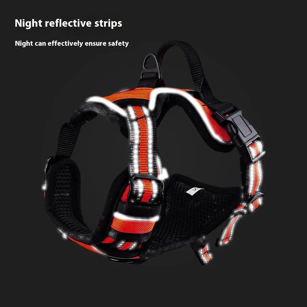 Adjustable dog chest harness in Oxford cloth showing eight colour options and four size variations
