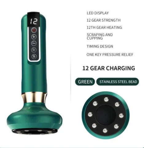 Green electric vacuum cupping massager with USB charger on a white background.