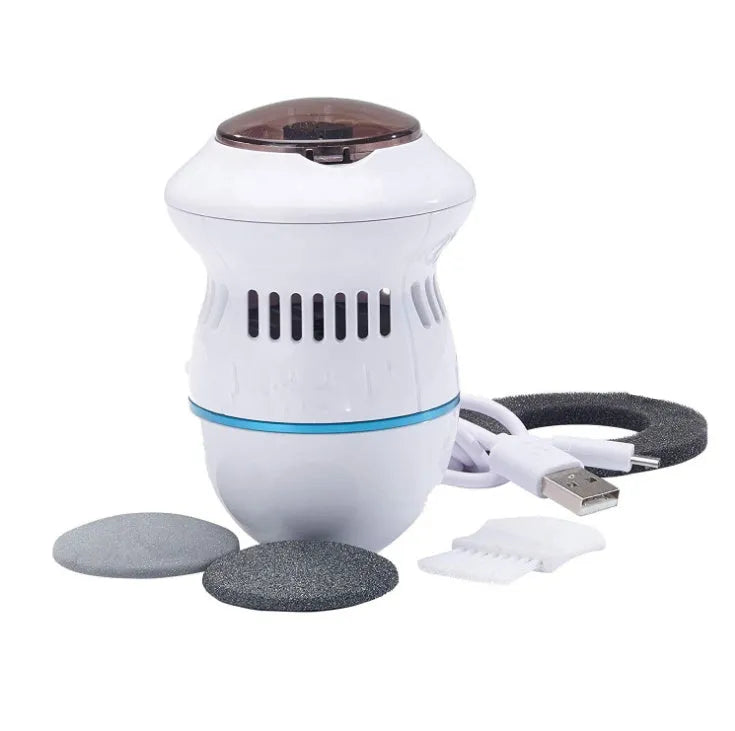 Beige electric foot file grinder with diamond grinding heads and USB charging cable