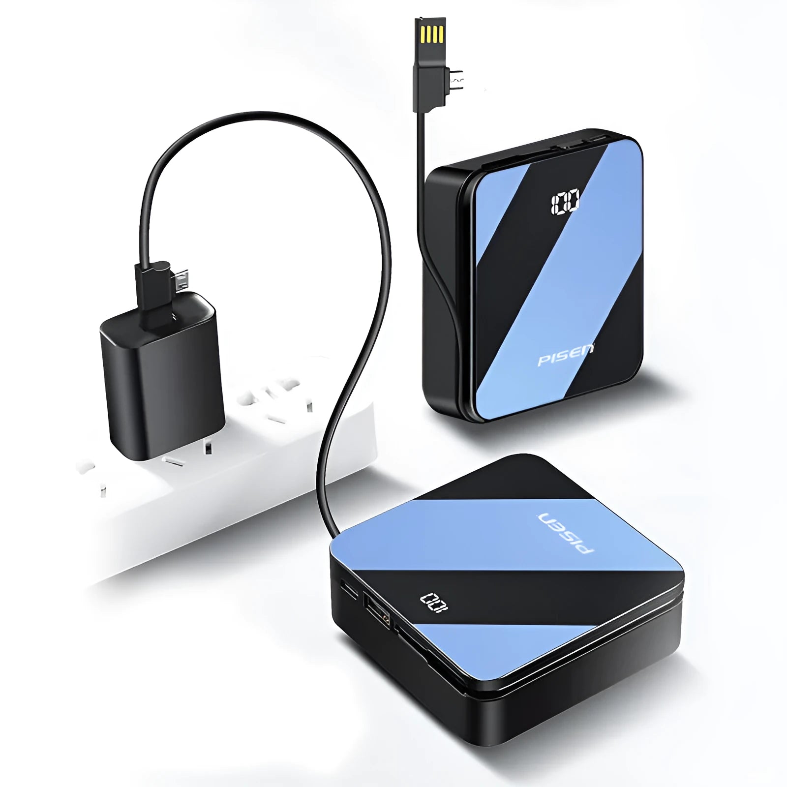 20000mAh black polymer power bank with built-in cable and screen display, 87x87x33mm size