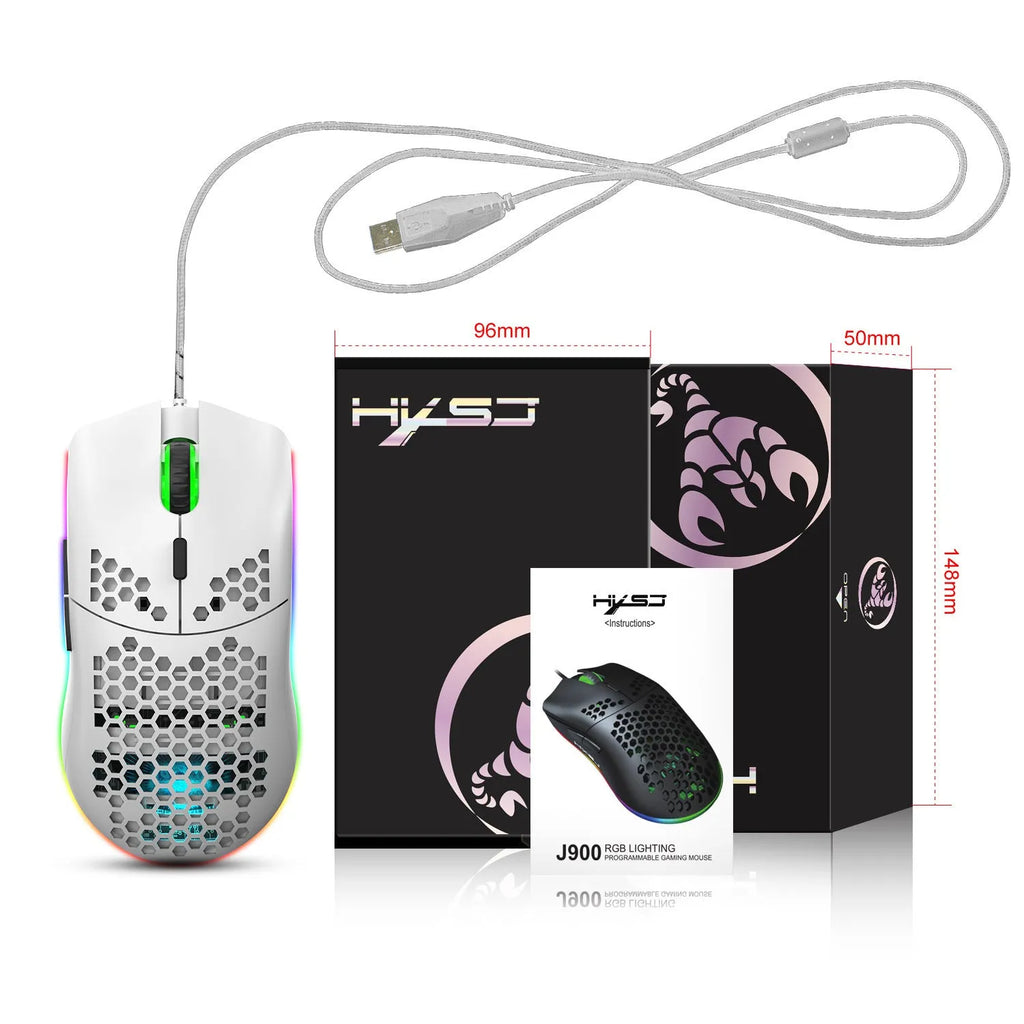 Lightweight honeycomb shell wired gaming mouse J900 RGB with 6 buttons, 150cm cable, black colour