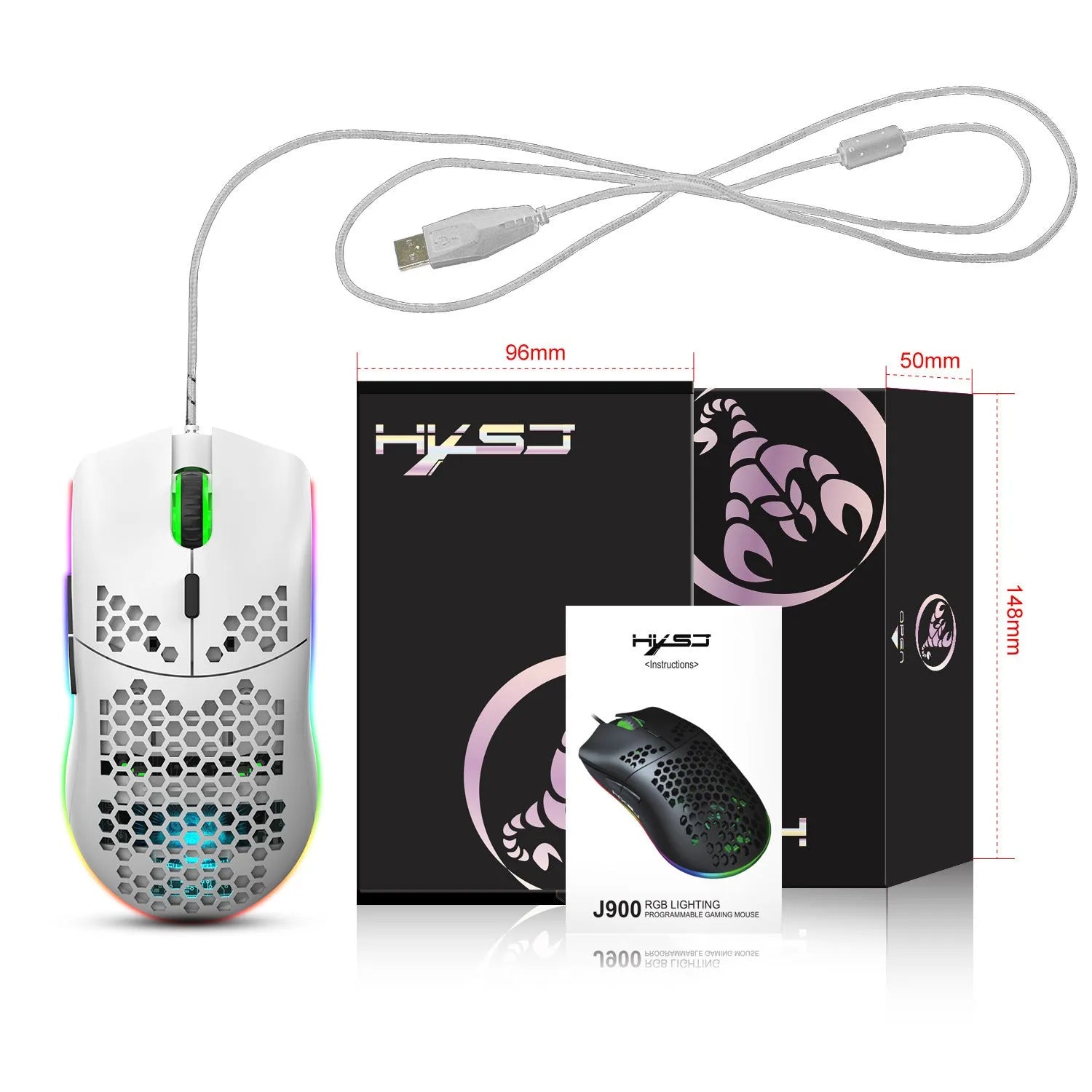 Lightweight honeycomb shell wired gaming mouse J900 RGB with 6 buttons, 150cm cable, black colour