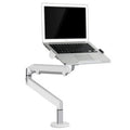 Silver aluminium laptop stand with an adjustable arm bracket on a wooden desk.