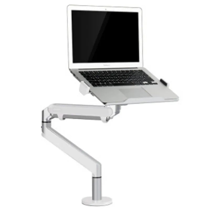 Silver aluminium laptop stand with an adjustable arm bracket on a wooden desk.