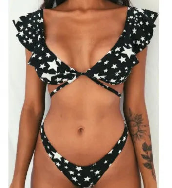 Floral patterned split bikini swimsuit set in yellow flower colour with nylon fabric construction