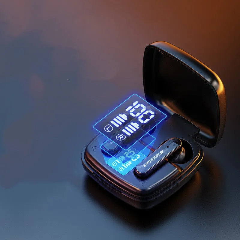 Dark night black and ivory white wireless Bluetooth earphones with semi-in-ear design and digital battery display