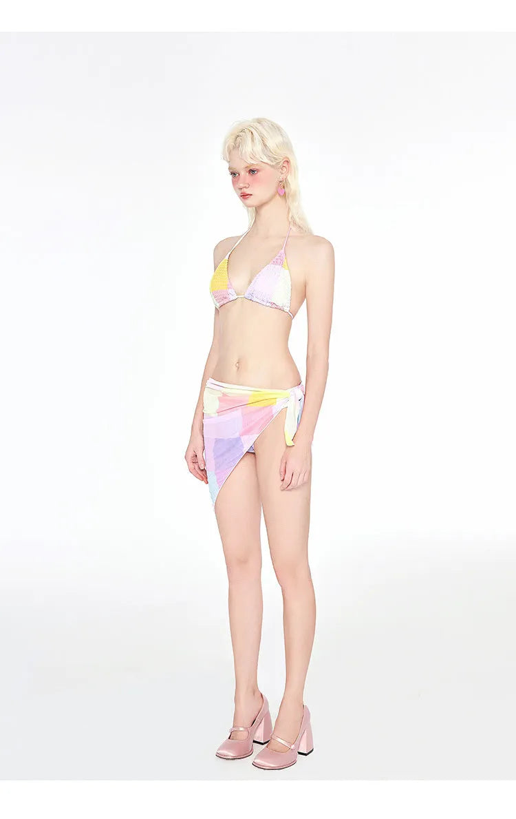 Rainbow pink three-point bikini swimsuit with triangle top and wireless cups