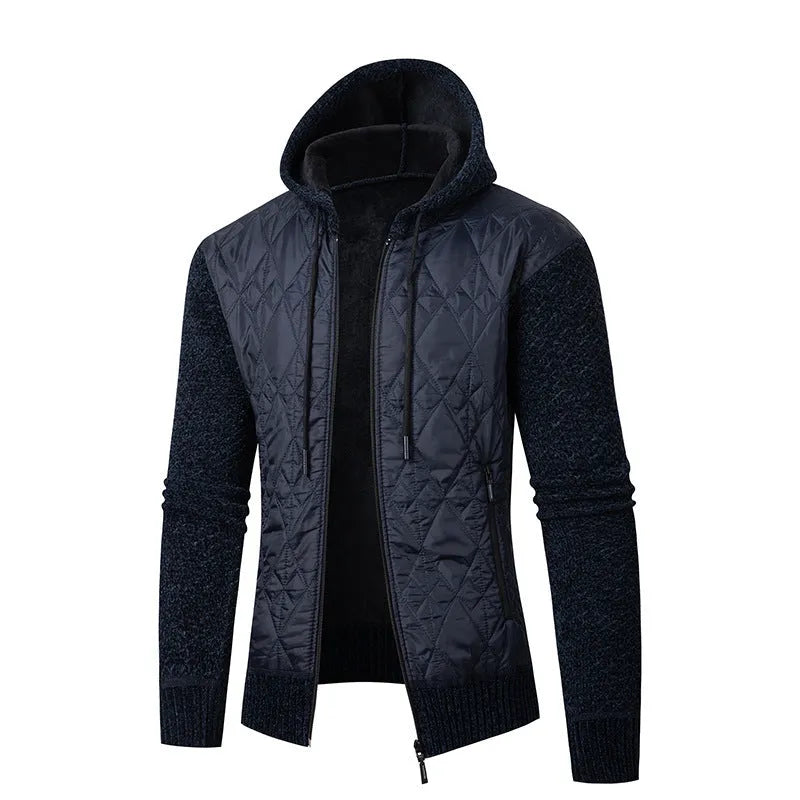Men's grey hooded corduroy sweater coat with a cinched waist on a hanger.