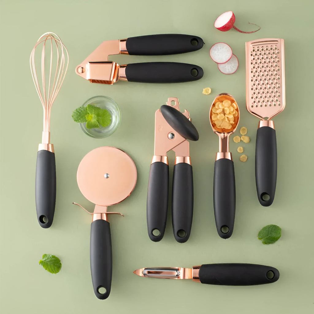 7-piece stainless steel kitchen utensil set with copper rose gold finish and cutlery rack in multiple colours