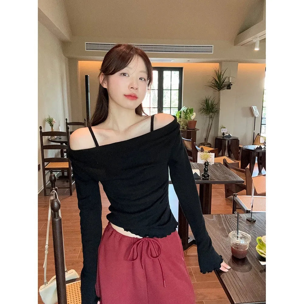 Fashion fake two-piece off-shoulder long sleeve women top in polyester with ruffle detailing, oatmeal colour