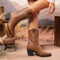Black British style chunky heel pointed toe mid-calf plus size ankle boots with block heel and PU upper