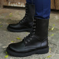 Winter high top men's leather military boots with fleece lining and front tie closure in black and brown