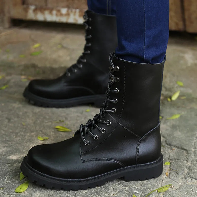 Winter high top men's leather military boots with fleece lining and front tie closure in black and brown