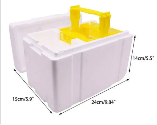 Three white EPS foam mini delivery boxes for bee hive mating and breeding tool set.