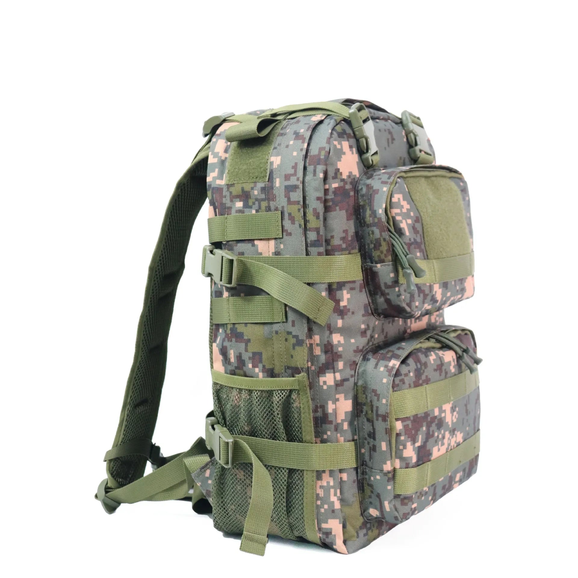 Camouflage pattern waterproof outdoor rucksack with air pillow belt system showing 30x15x46cm dimensions