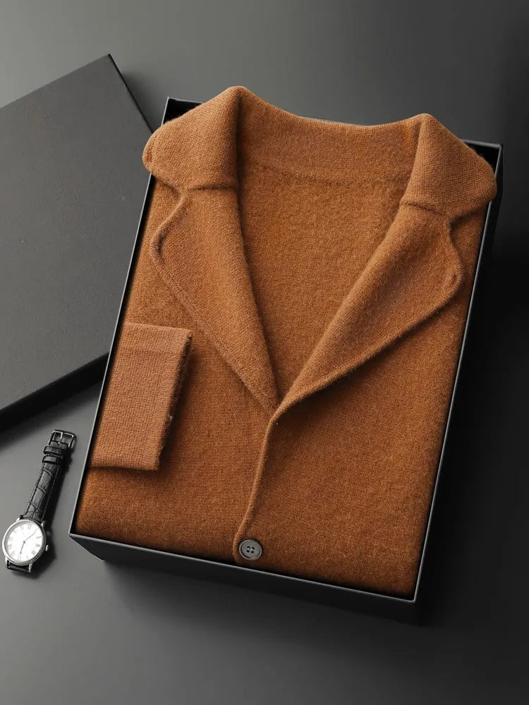 Men's cashmere cardigan knitted jacket in loose fit casual style showing colour options
