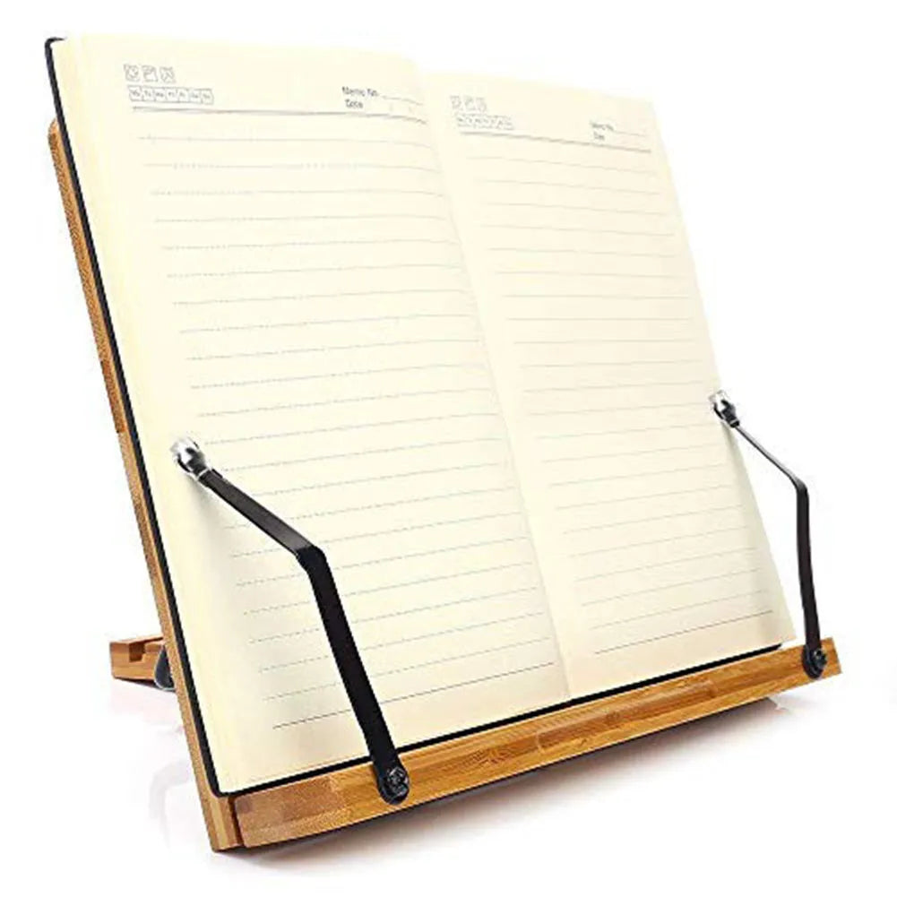 Solid wood bamboo hollow reading frame in glossy white or natural finish, sizes S M L, holding a copybook on a desk.