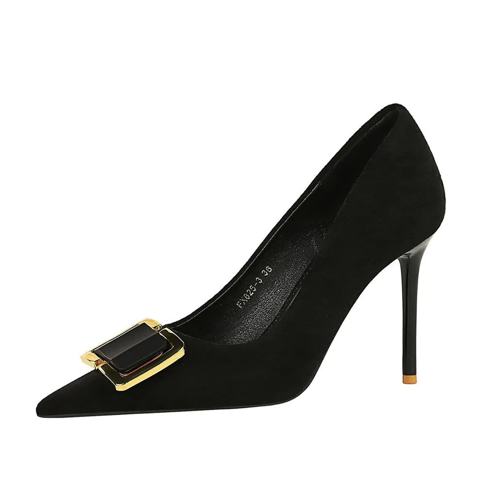 Black suede women's stiletto high heel shoes with a 9cm heel and pointed toe.