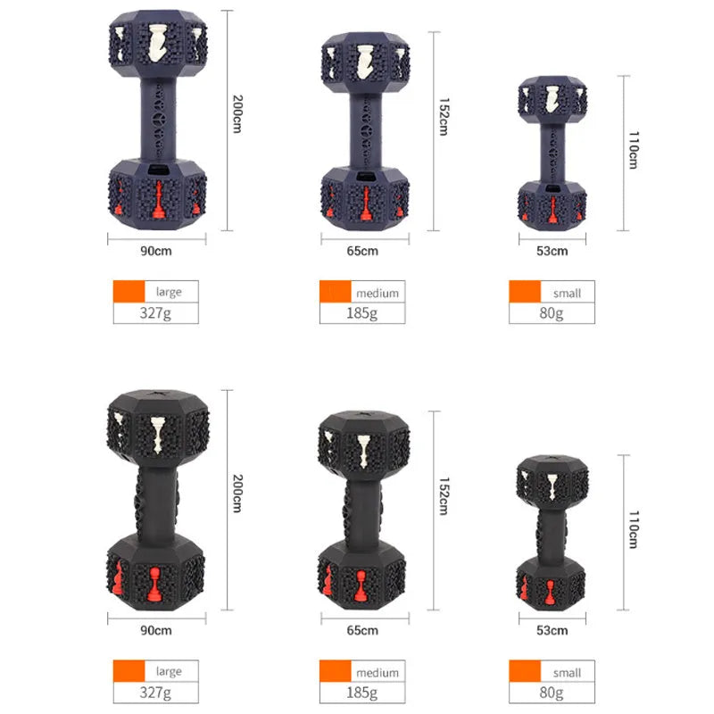 Black and blue durable rubber dumbbell dog chew toy with textured surface for aggressive chewers.